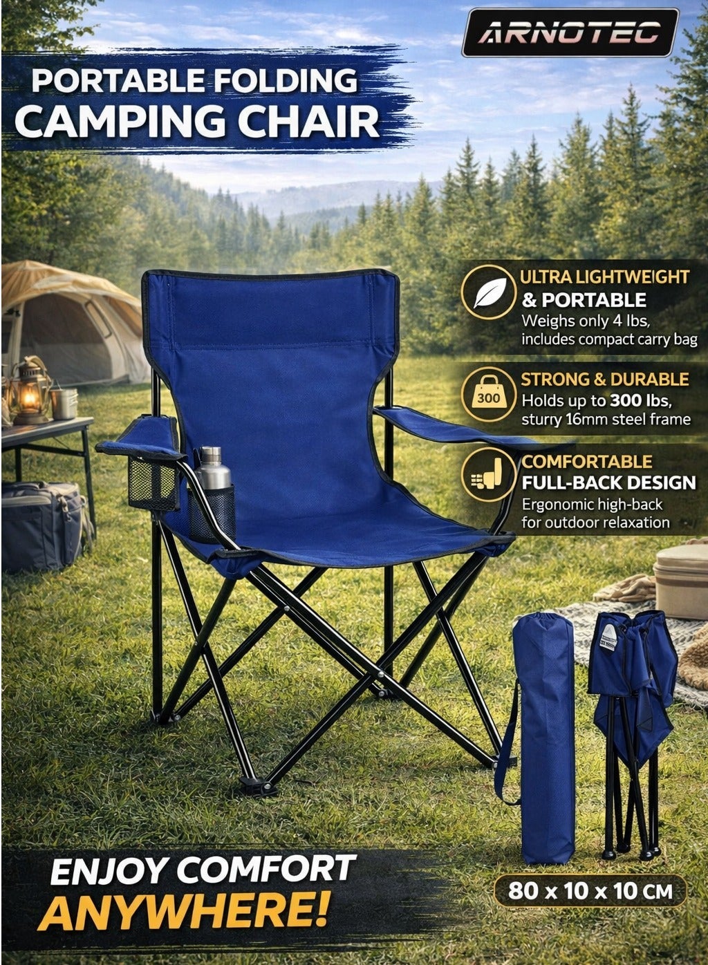 Portable Folding Camping Chair with Carry Bag – Lightweight Outdoor Chair for Camping, Beach, Hiking, Picnic & Sports – Heavy-Duty Steel Frame, 300lbs Capacity, Full-Back Support